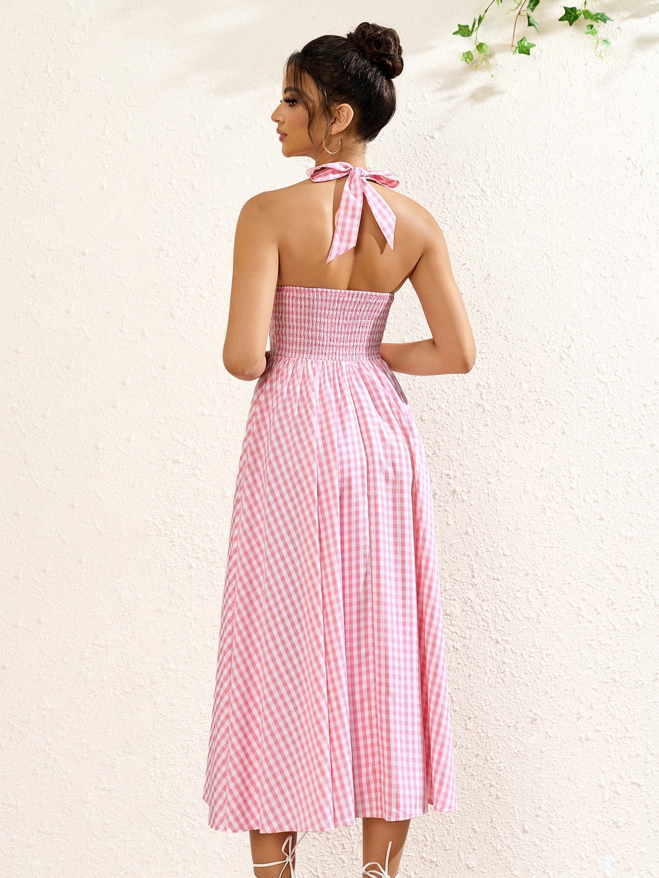 Deep V-neck Halter Plaid Print Dress