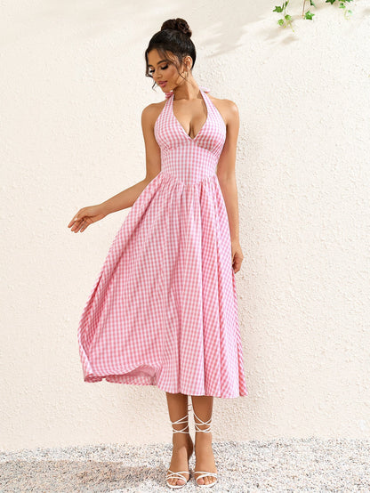 Deep V-neck Halter Plaid Print Dress