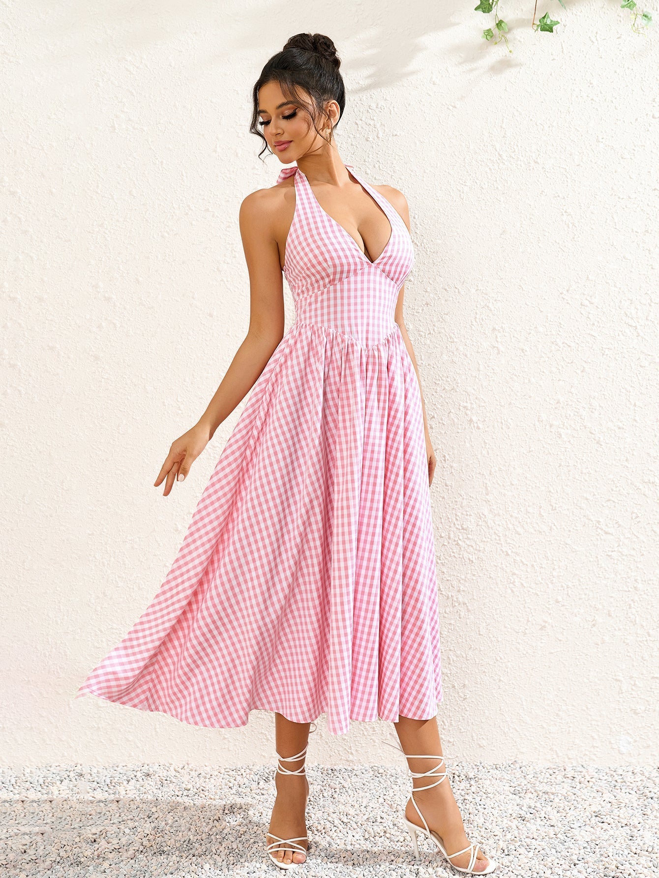 Deep V-neck Halter Plaid Print Dress