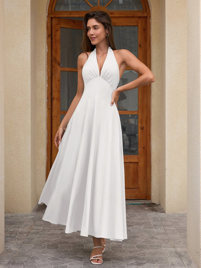 Deep V-neck Halter Ruched Back Dress