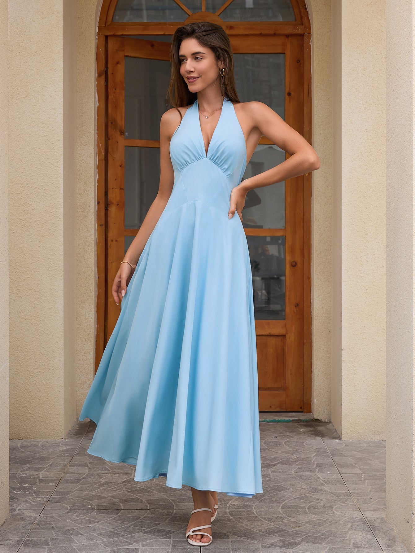 Deep V-neck Halter Ruched Back Dress