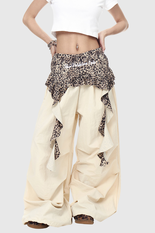 Deepak Leopard Ruffle Deconstruct Pants in Apricot