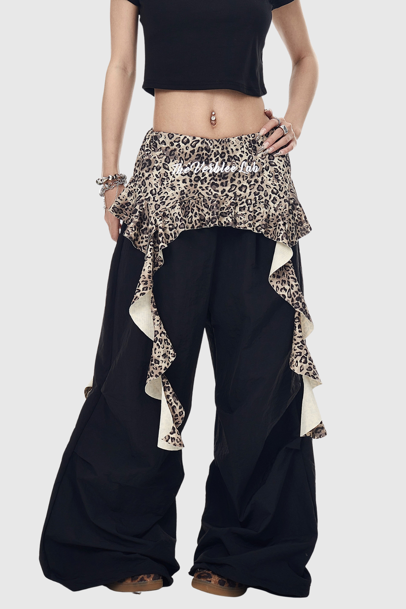 Deepak Leopard Ruffle Deconstruct Pants in Black