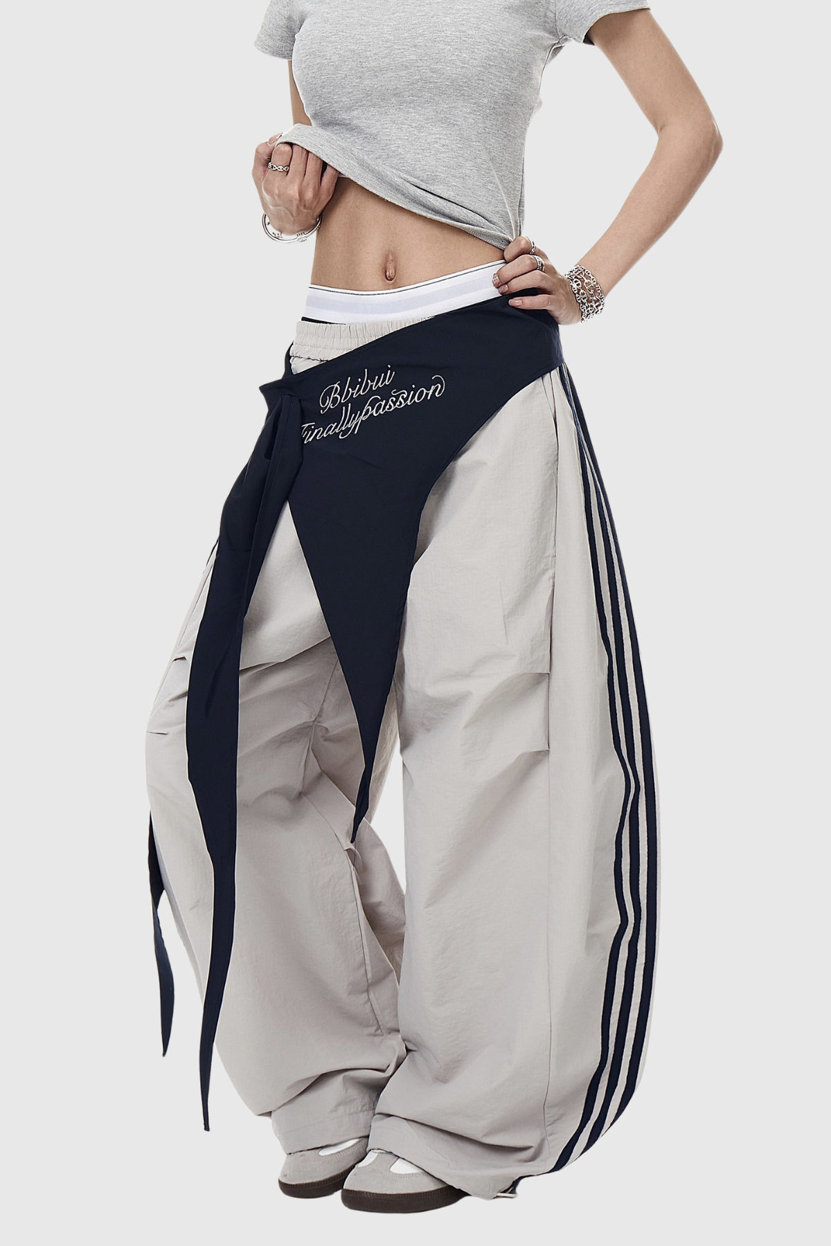 Deepika Stripe Deconstruct Wide Leg Pants in Khaki