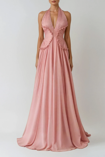 Dekel Halter Neck Ruffle Maxi Dress in Pink