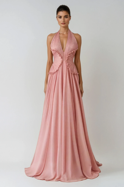 Dekel Halter Neck Ruffle Maxi Dress in Pink