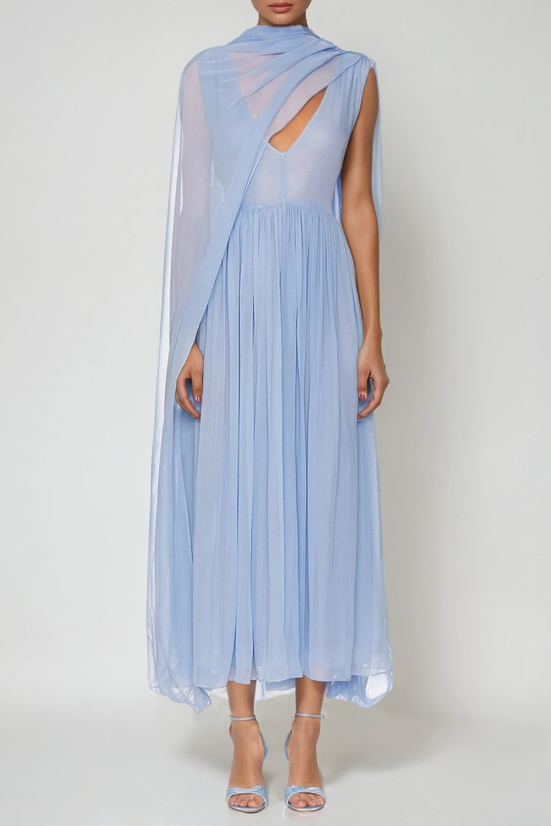 Delfino Plunge Mesh Shawl Maxi Dress