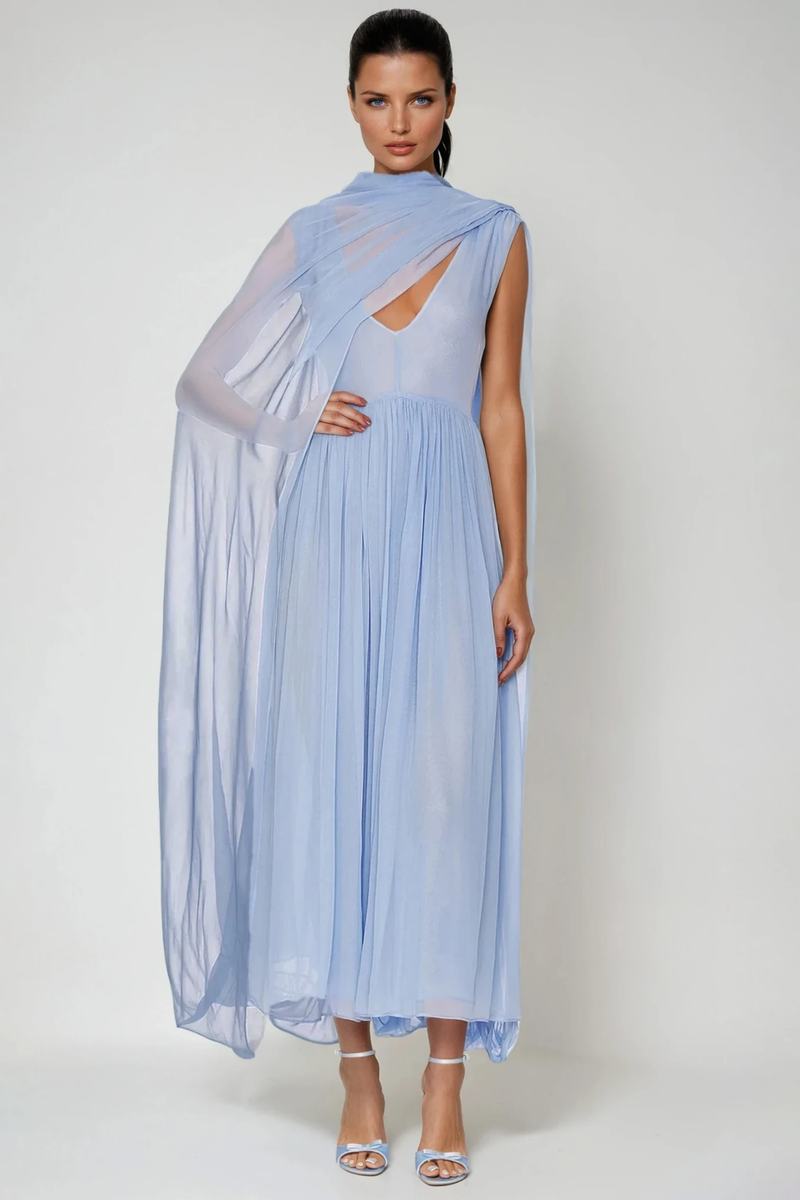 Delfino Plunge Mesh Shawl Maxi Dress