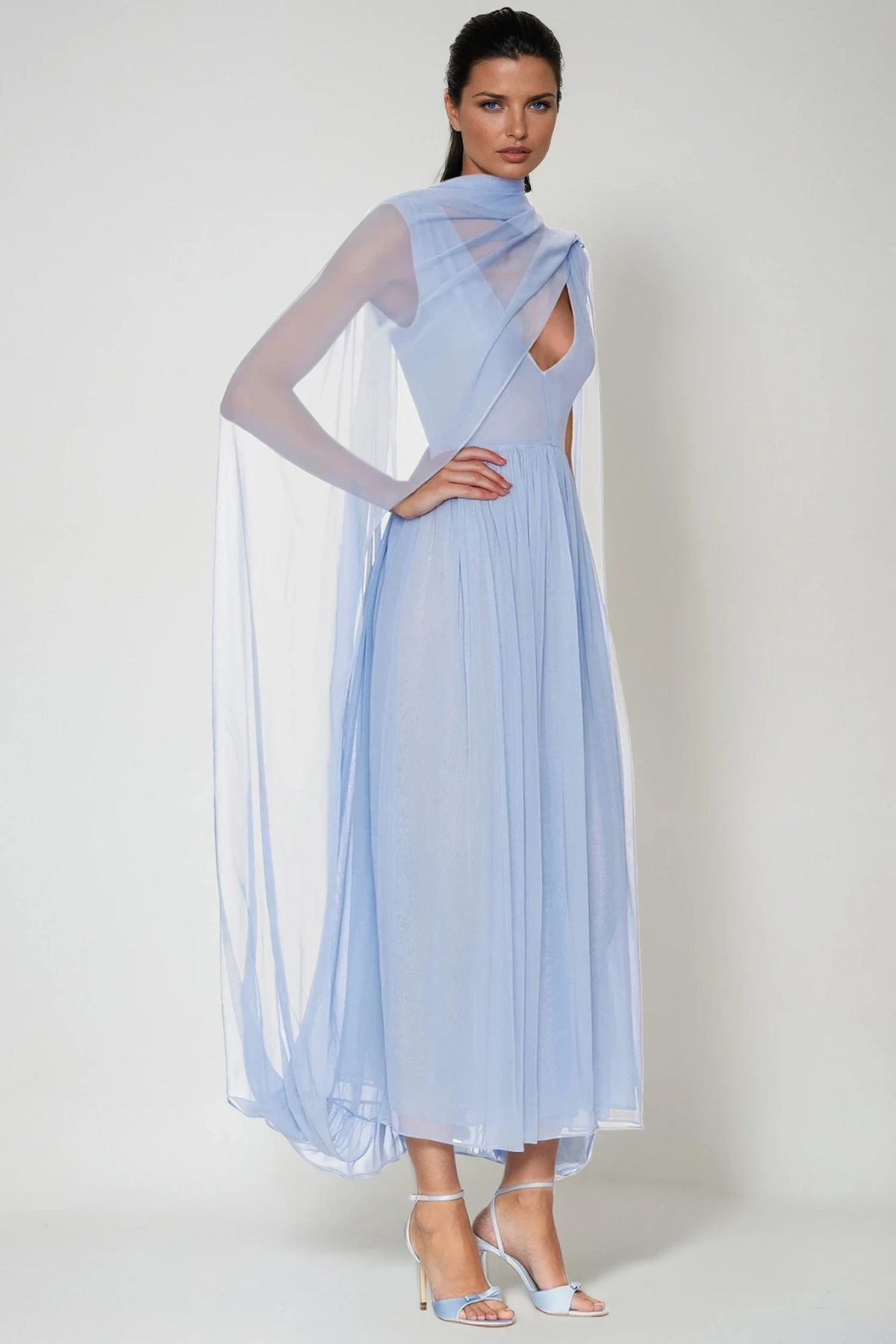 Delfino Plunge Mesh Shawl Maxi Dress