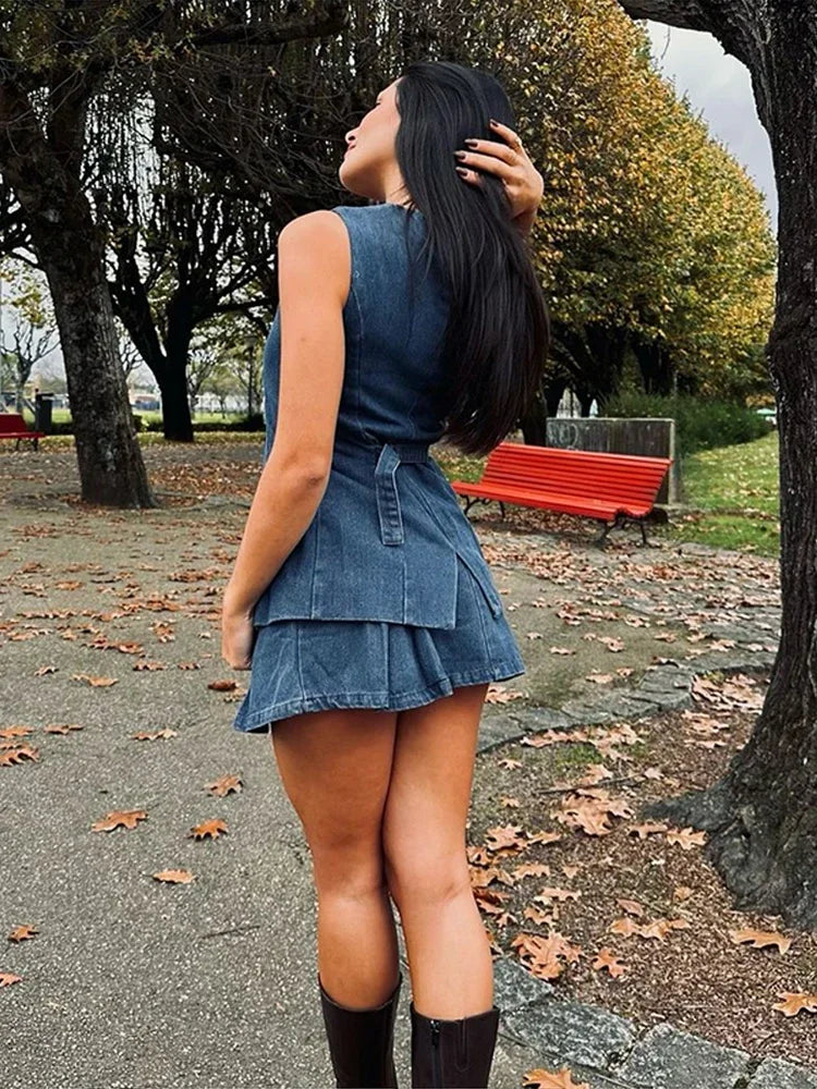 Denim Button Sleeveless Office Two Piece Set