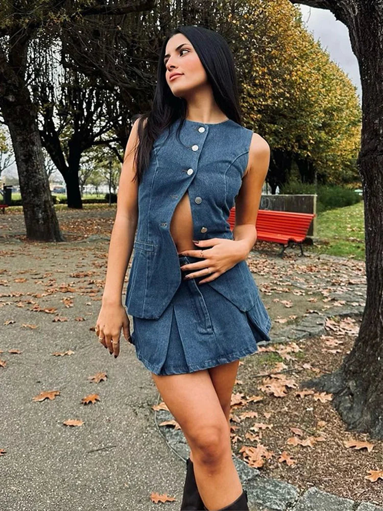 Denim Button Sleeveless Office Two Piece Set