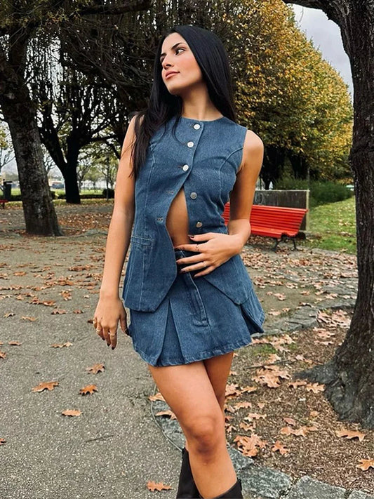 Denim Button Sleeveless Office Two Piece Set