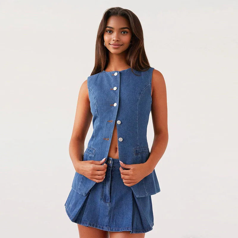Denim Button Sleeveless Office Two Piece Set