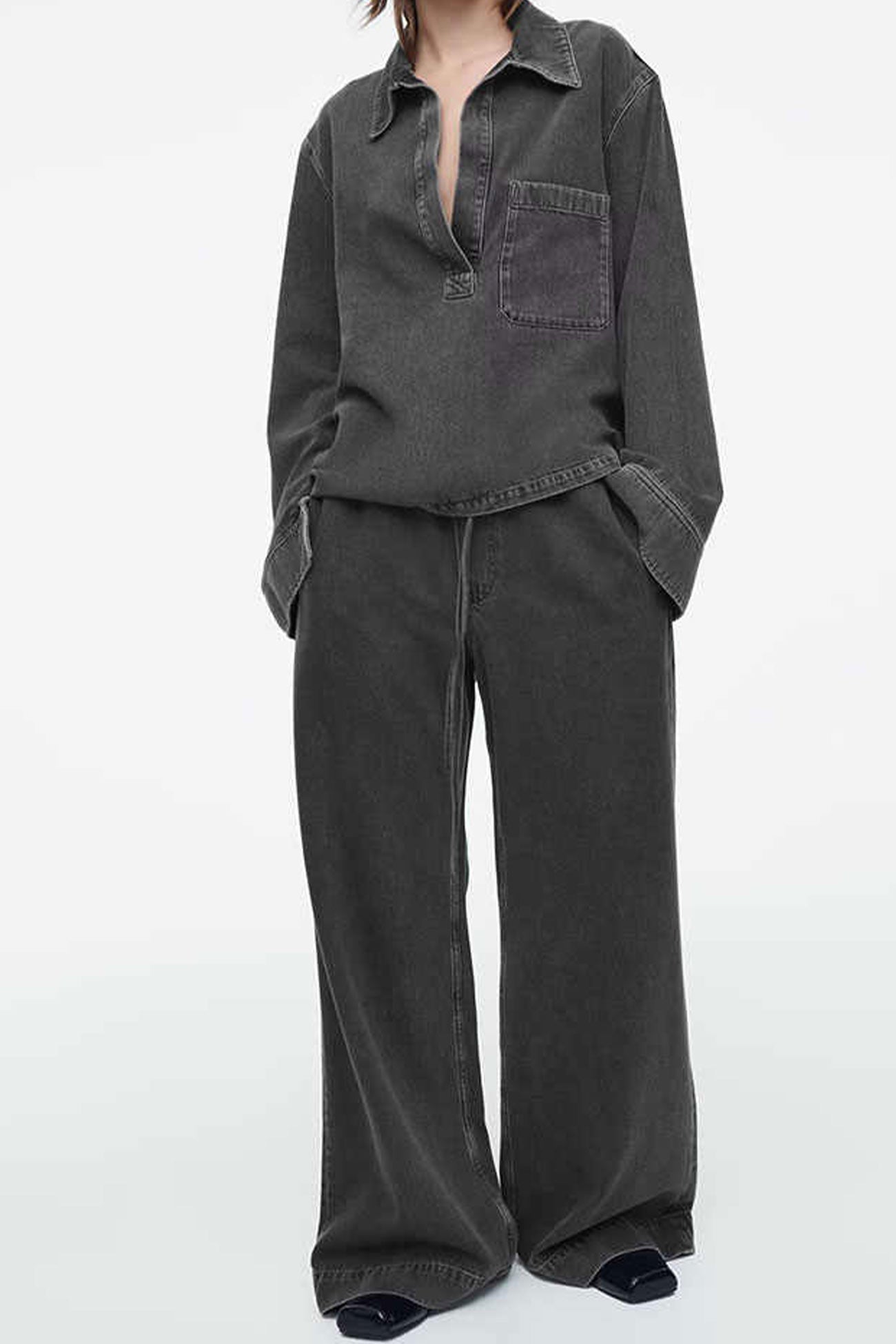 Denim Lapel V Neck Elastic Waist Two Piece Set