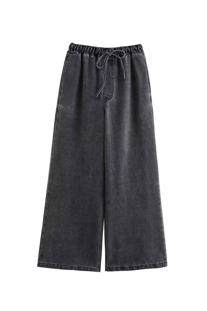 Denim Lapel V Neck Elastic Waist Two Piece Set