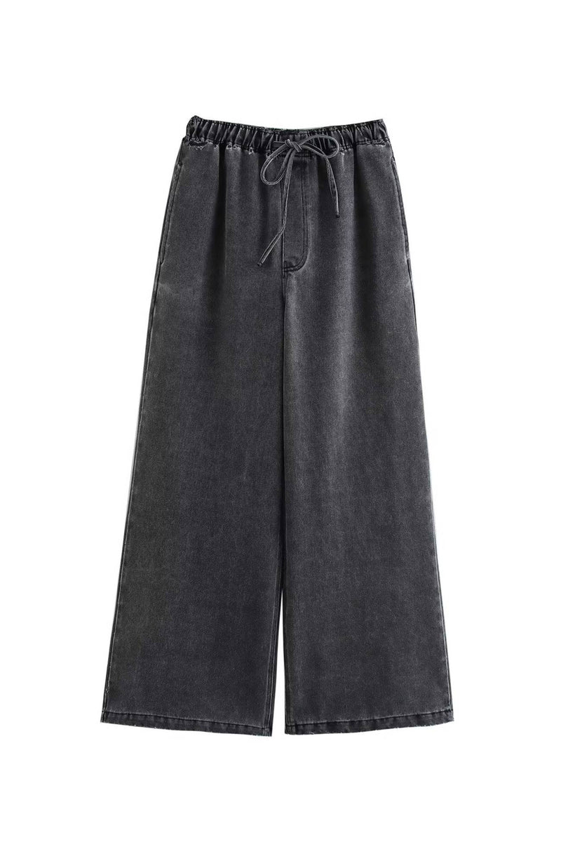 Denim Lapel V Neck Elastic Waist Two Piece Set