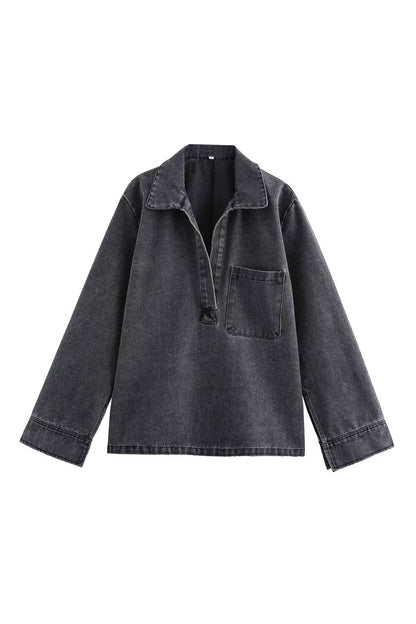 Denim Lapel V Neck Elastic Waist Two Piece Set