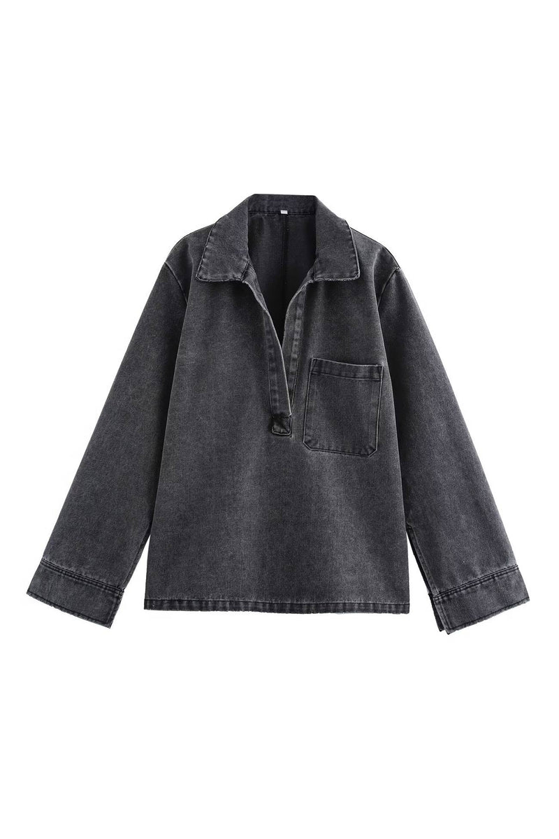 Denim Lapel V Neck Elastic Waist Two Piece Set