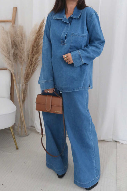 Denim Lapel V Neck Elastic Waist Two Piece Set