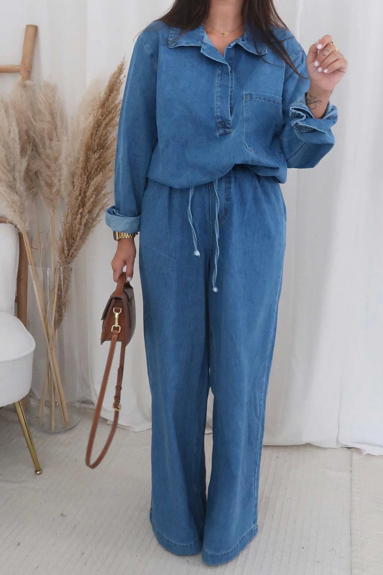 Denim Lapel V Neck Elastic Waist Two Piece Set