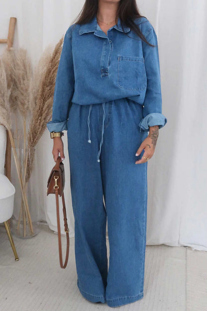 Denim Lapel V Neck Elastic Waist Two Piece Set