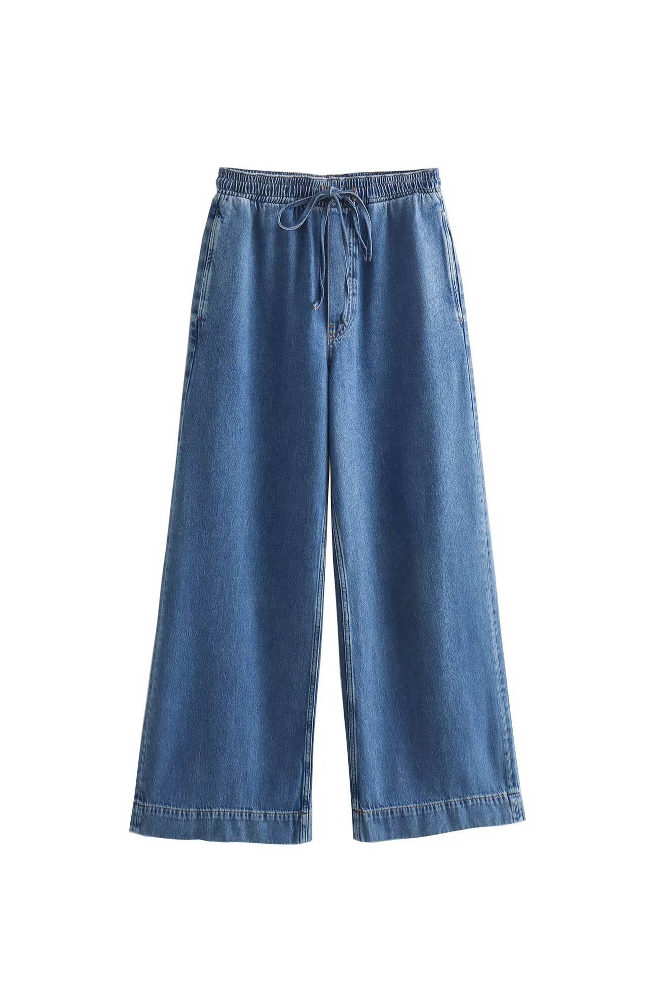 Denim Lapel V Neck Elastic Waist Two Piece Set
