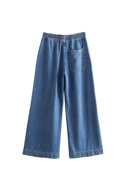Denim Lapel V Neck Elastic Waist Two Piece Set