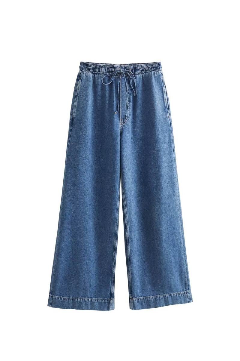 Denim Lapel V Neck Elastic Waist Two Piece Set