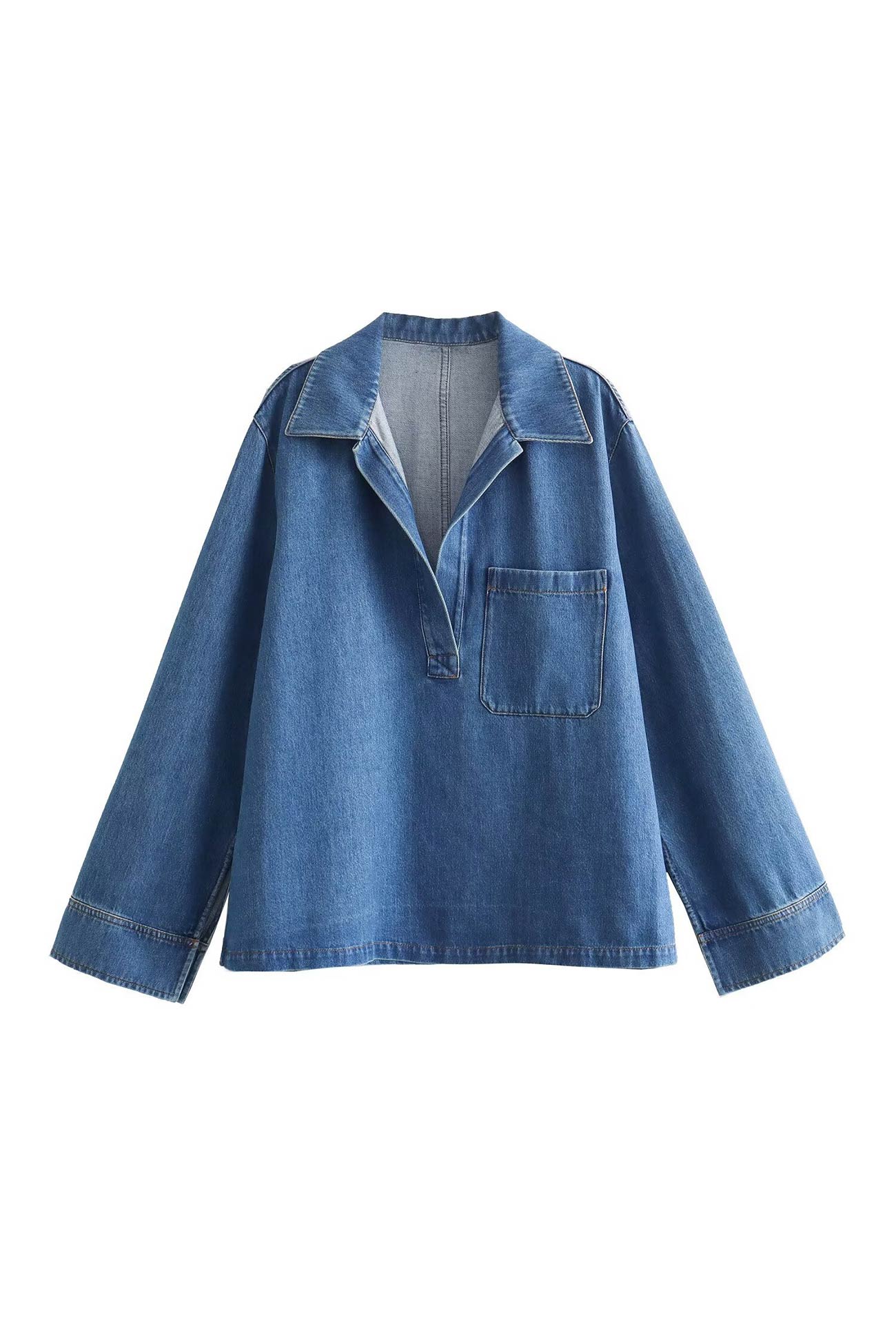 Denim Lapel V Neck Elastic Waist Two Piece Set