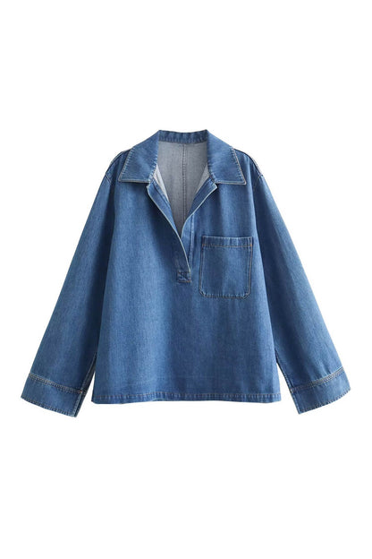 Denim Lapel V Neck Elastic Waist Two Piece Set