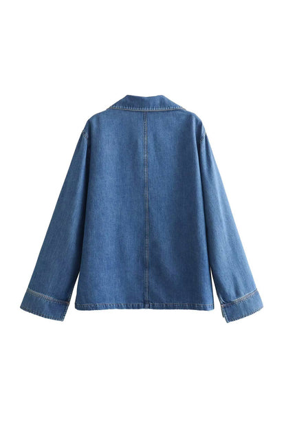 Denim Lapel V Neck Elastic Waist Two Piece Set