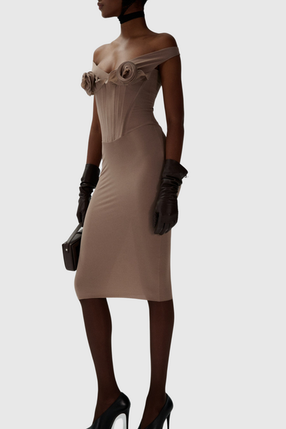 Dinella Appliqué Corset Midi Dress - Grey