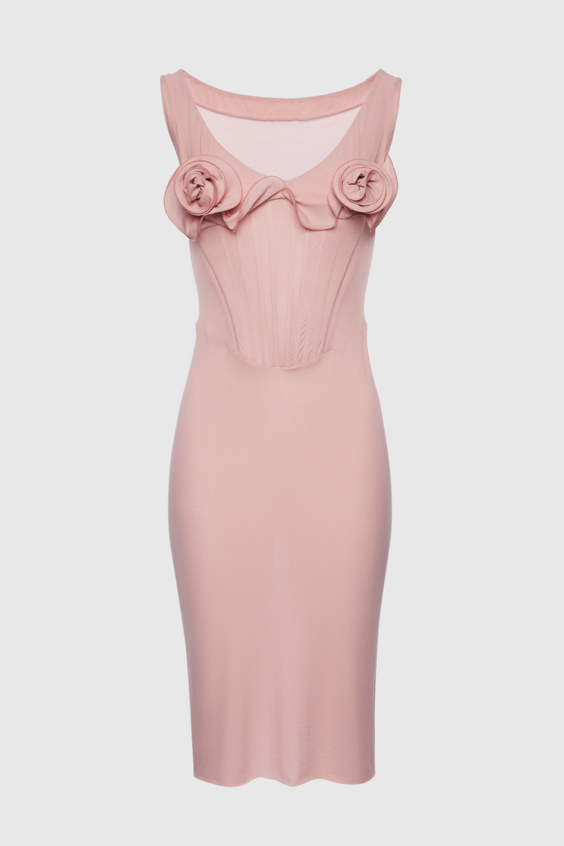 Dinella Appliqué Corset Midi Dress - Pink