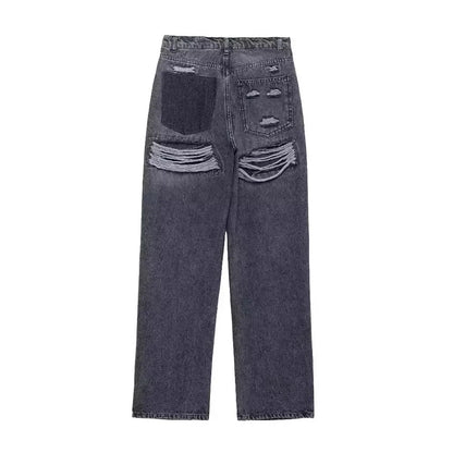 High Waist Denim Patchwork Pants Distressed Ripped Jeans