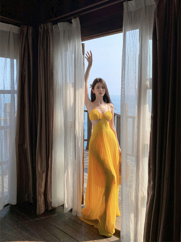 Dopamine Yellow Spaghetti Strap Maxi Dress _ Backless Vacation Outfit
