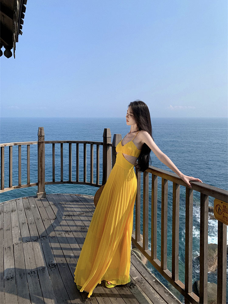 Dopamine Yellow Spaghetti Strap Maxi Dress _ Backless Vacation Outfit