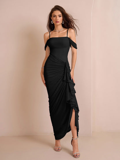 Draped Sleeve Ruched Crisscross Waist Asymmetrical Hem Mesh Dress