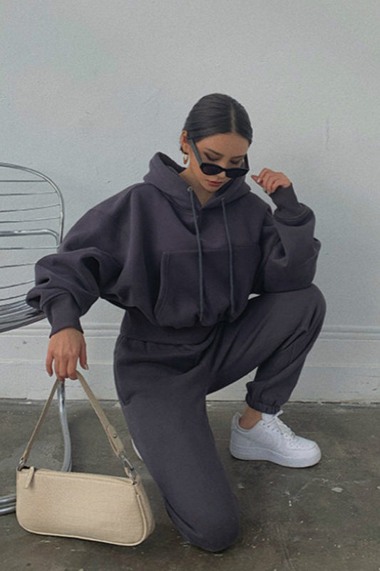 Drawstring Hoodie Crop Top & Jogger Pants
