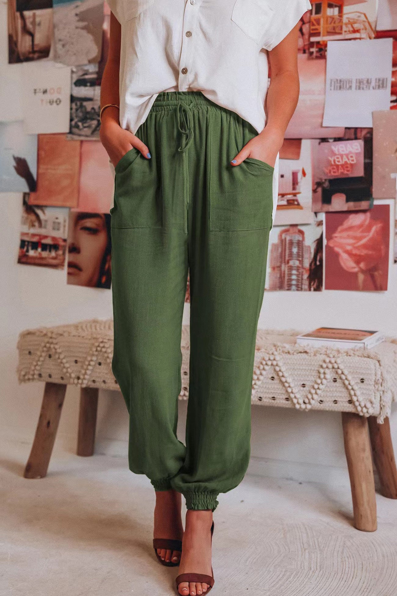 Drawstring Color Loose Long Pants