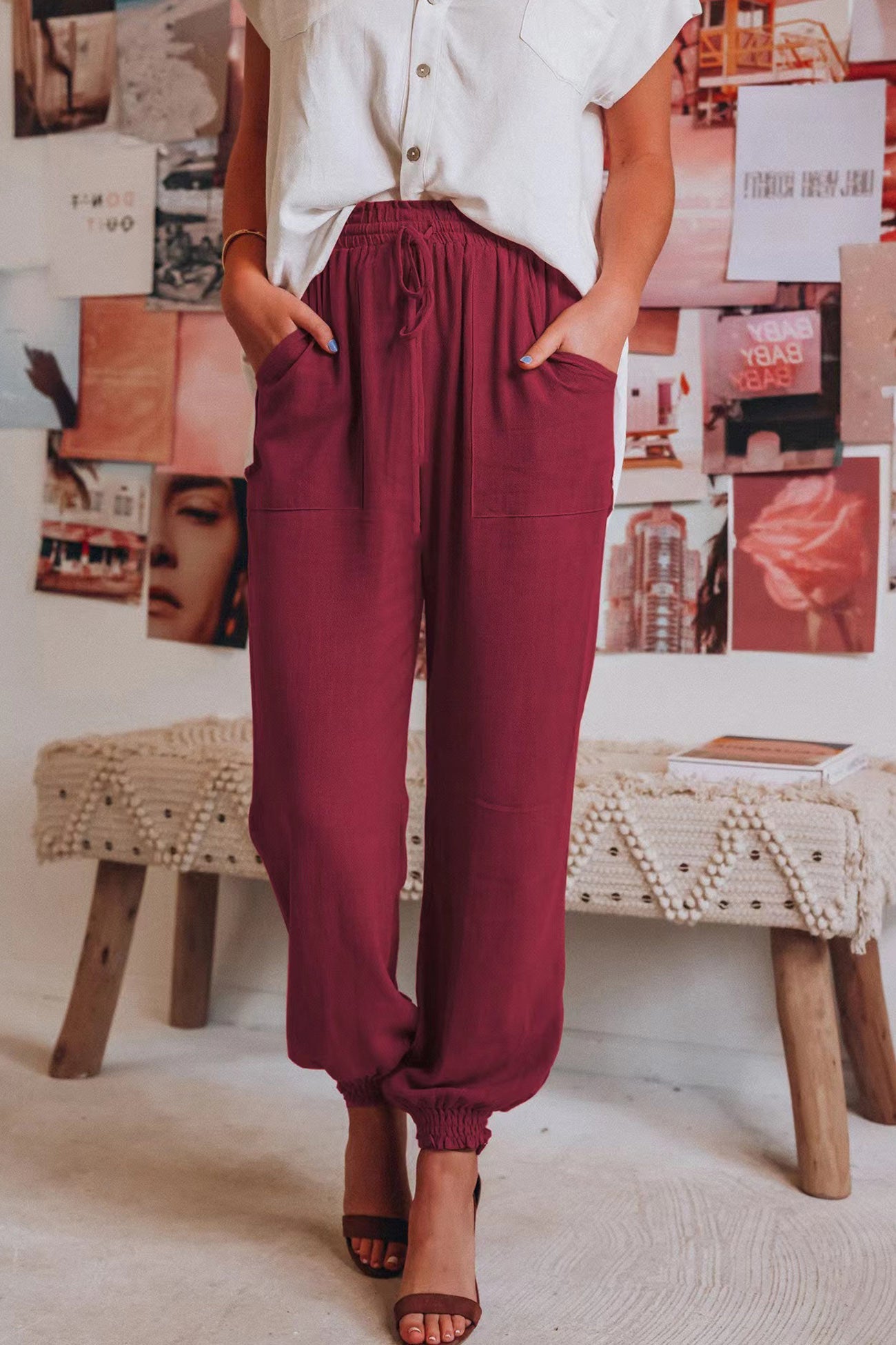 Drawstring Color Loose Long Pants