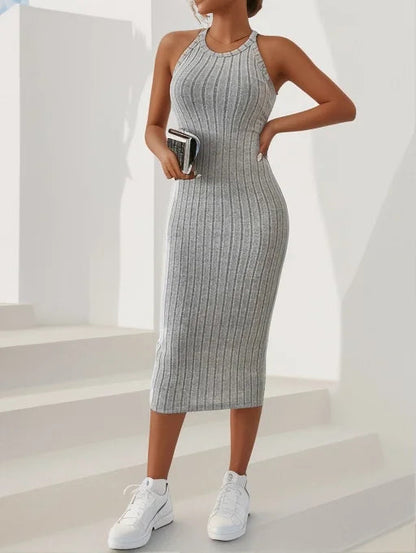 Es Halter Bodycon Ribbed Knit Midi Dresses