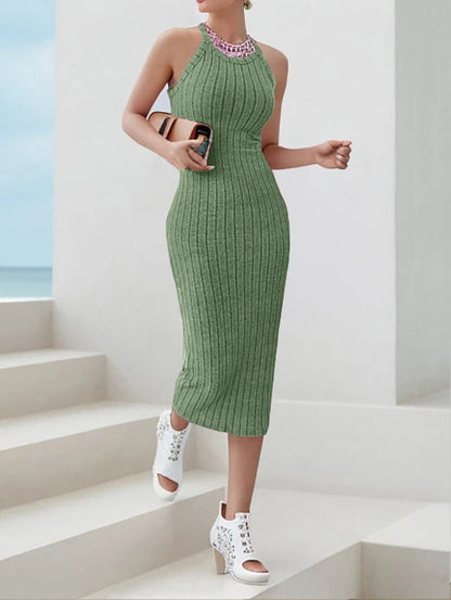 Es Halter Bodycon Ribbed Knit Midi Dresses