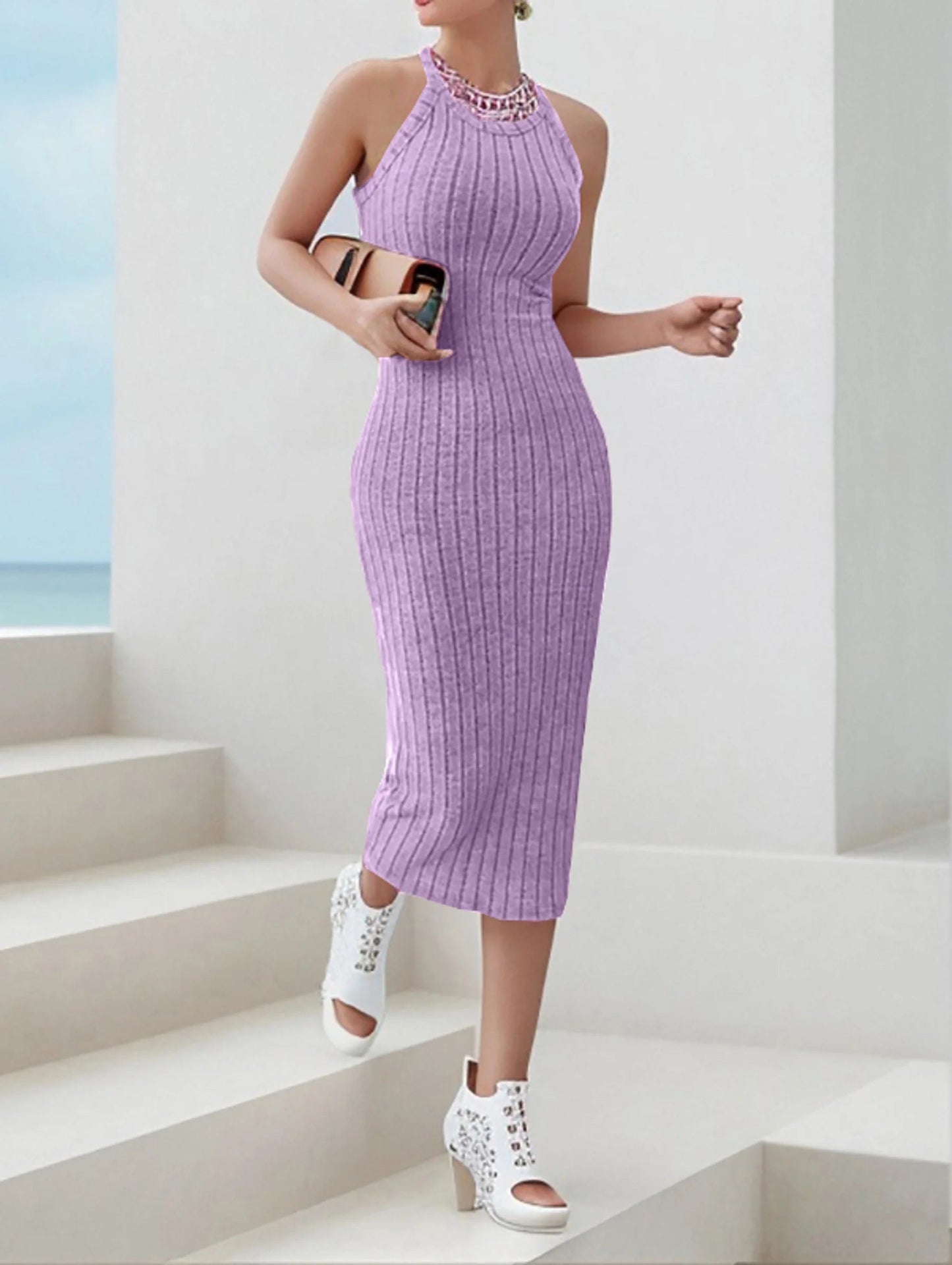 Es Halter Bodycon Ribbed Knit Midi Dresses