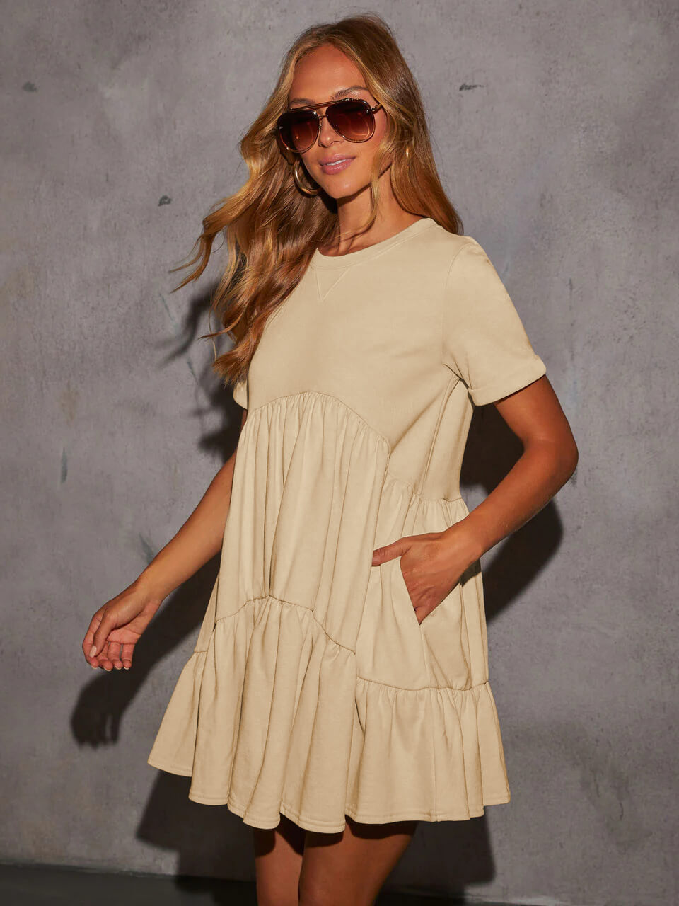 Brighter Days Tiered Mini Dress - Beige