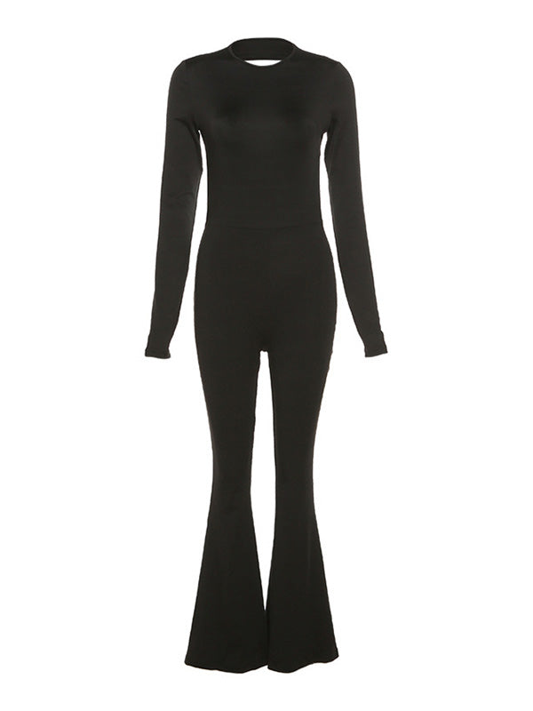Black Backless Long Sleeve Flare Leg Jumpsuit