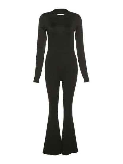 Black Backless Long Sleeve Flare Leg Jumpsuit