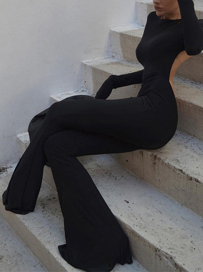 Black Backless Long Sleeve Flare Leg Jumpsuit