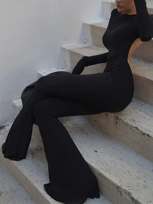 Black Backless Long Sleeve Flare Leg Jumpsuit