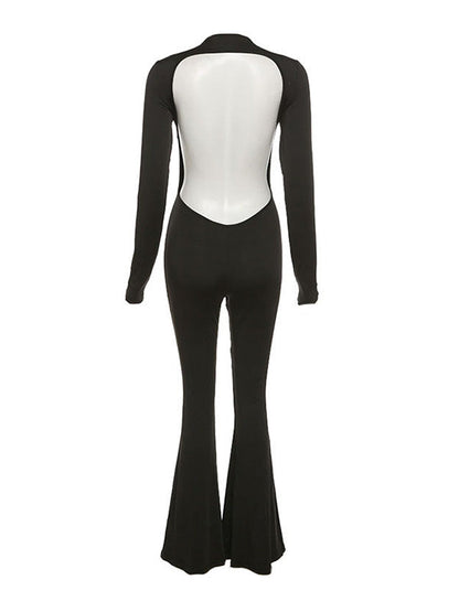 Black Backless Long Sleeve Flare Leg Jumpsuit