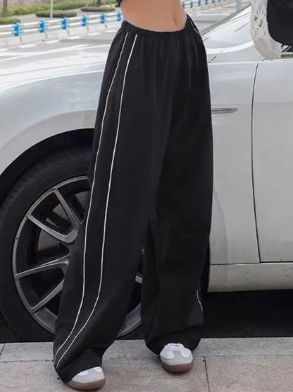 Black Wide Leg Sweatpants With Piping Detail